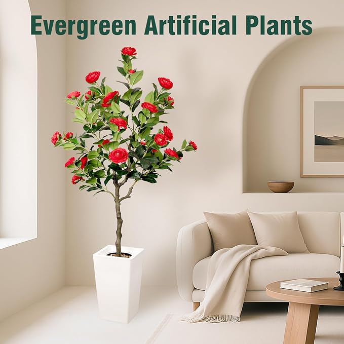 Artificial Camellia Tree 5FT, Red Flower Tree in White Pot, Faux Outdoor Indoor Plant, Potted Artificial Flower for Home Office Housewarming Porch Decor (61'' Height)