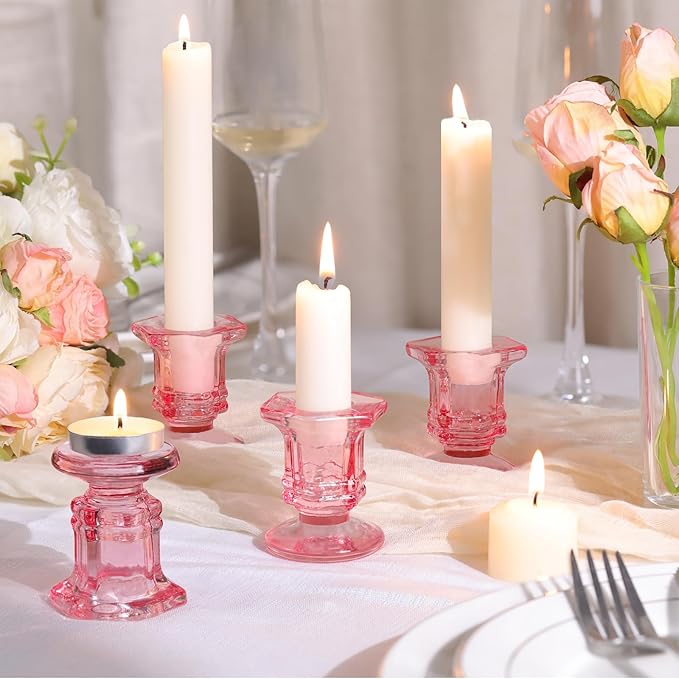 Pink Candlestick Holders Bulk, 12 Pcs Glass Candle Holders Set,Crystal Taper Candle Holder for Wedding, Table Centerpiece, Home Decoration
