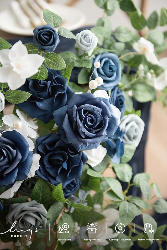 Ling's moment 2PCS Dusty Blue Artificial Floral Swags Centerpieces Wedding Flower Rose Garland Greenery Arrangements for Sweetheart Table Decor Backdrop Arch Flowers Wall Home Garden Decorations