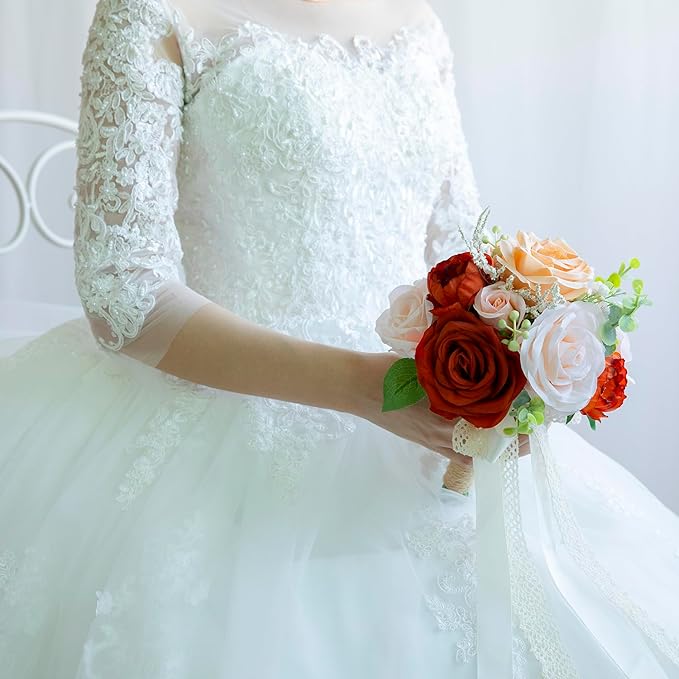 Wedding Bouquets for Bride Bridesmaid, Artificial Burnt Orange Bride Flower Bouquet for Wedding Church Decoration Ceremony, Anniversary, etc, Roses Flowers