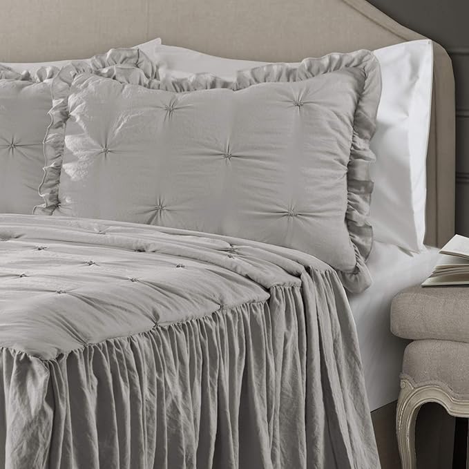 Lush Decor Ravello Pintuck Ruffle Skirt Bedspread Set - Luxe 3 Piece Ruffled Bedding Set - Traditional Glam & Farmhouse Inspired Bedroom Decor - Queen, Light Gray