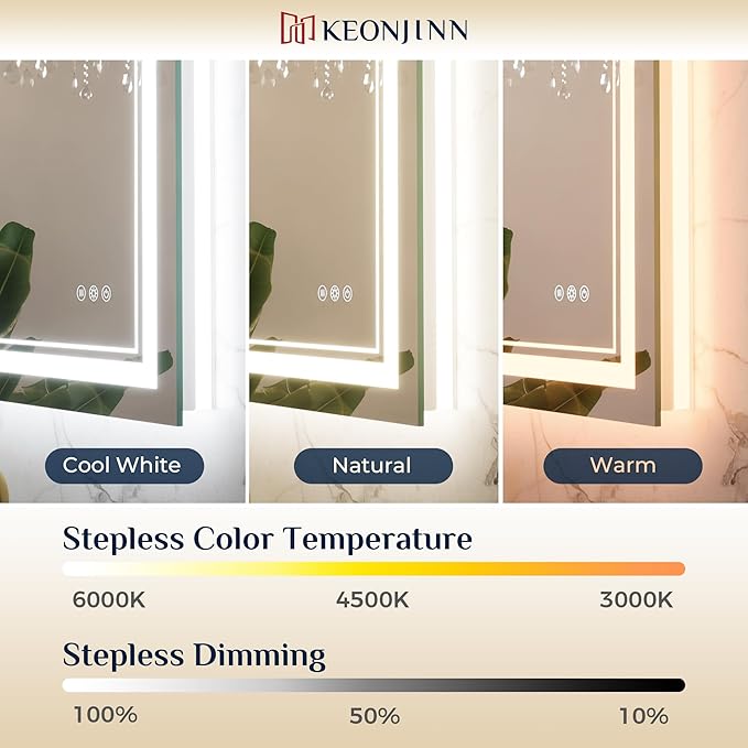 Keonjinn Bathroom LED Mirror 55" x 36" Front and Back Lights, Tempered Glass Stepless 3 Colors Temperature & Dimmable Large Wall Mirror, UL Listed LED Driver, Double Lighted Anti-Fog LED Vanity Mirror