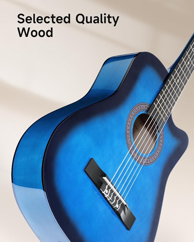 Moukey 38" Acoustic Guitar for Beginners Kids Youth Adult Cutaway Guitarra Acustica Kit with Chord Poster, Gig Bag, Tuner, Picks, Nylon Strings, Capo, Strap - Blue
