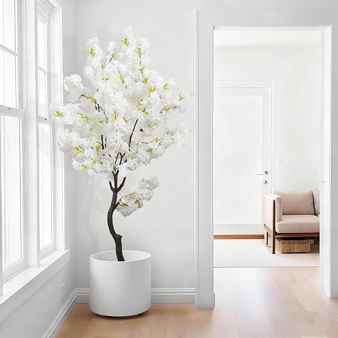 Large Artificial White Cherry Blossom 6ft(72in) Faux Floor Green Plant for Indoor Decor Natural Potted Tree Realistic Cherry Flowers Wood Trunk for Home Living Room,Office Perfect Housewarming Gift