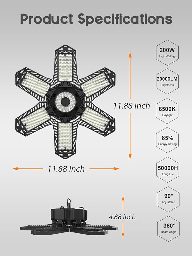 SEOBIOG 2 Pack Plug in Garage Light, Upgraded 200W 20000LM Linkable LED Shop Light, 6500K Ceiling Lights w/ 6 Deformable Panels for Garage, Warehouse, Barn, Basement (Built-in ON/Off Switch)