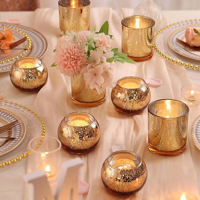 20 Pcs Assorted Gold Votive Candle Holders Bulk, Larger Size Mercury Glass Votives with Round Candle Holder for Wedding Decorations, Tealight Candle Holder for Gold Party Table Centerpieces