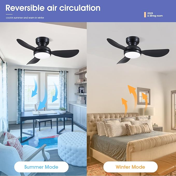 36 Inch Modern Ceiling Fans with Lights, Small Flush Mount Ceiling Fan with Light and Remote/APP Control, 3 Reversible 6 Speeds Curved Blades, 3 CCT Dimmable Lights for Bedroom, Black