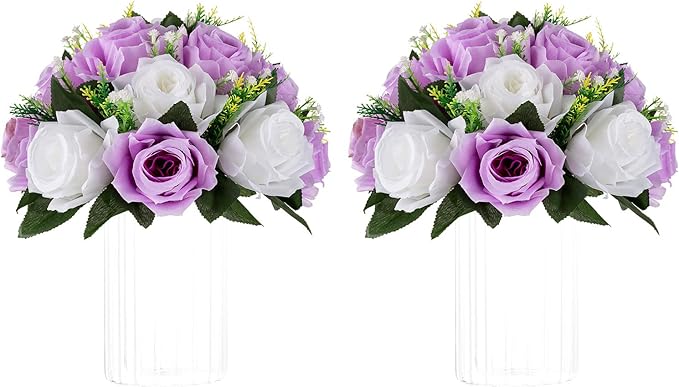 NUPTIO Flower Wedding Centrepieces for Tables - 2 Pcs 9.5in Diameter Lilac & White Artificial Flowers Rose Ball for Centerpieces Table - Fake Rose Arrangements for Weddings Birthday Party Decor