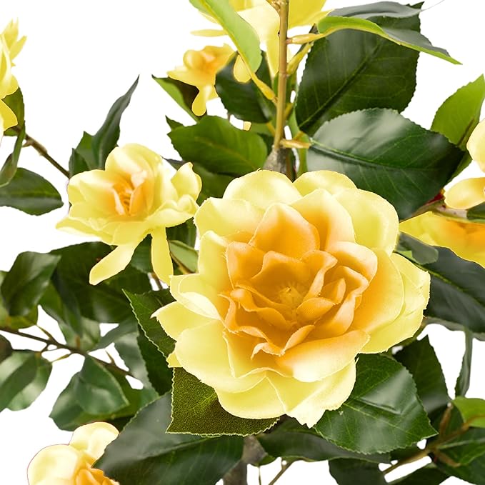 Artificial Camellia Tree 2 Pack, Artificial Plants Outdoor Faux Floral Plant in Cement Pot Fake Silk Camellia Tree Plants for Home House Living Room Office Decor