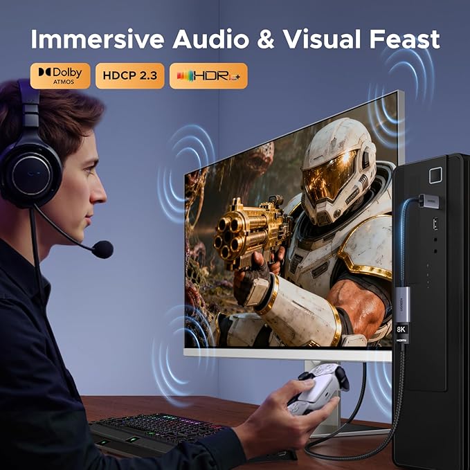 UGREEN 8K@60Hz Active Display Port to HDMI Adapter, Unidirectional DP 1.4 PC to HDMI 2.1 Screen Male to Female Cable, 4K@240Hz/2K@240Hz for Desktop, Projector Compatible with AMD, NVIDIA, 0.66FT