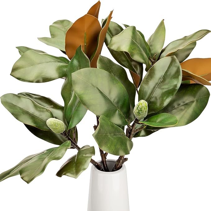 2 Pcs Magnolia Artificial Leaves Branches 32 Inch 3D Real Touch Pick with Fruit Faux Magnolia Stems Fake Twigs for Indoor Outdoor Vase Home Wedding Floral Arrangement Decoration