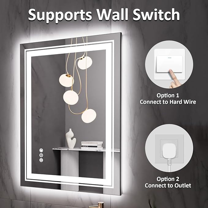 32" x 24" LED Bathroom Mirror with Lights, Front and Backlit Mirror, Anti-Fog Lighted Vanity Mirror, Stepless Dimmable, 3 Colors LED Mirror (Horizontal/Vertical)
