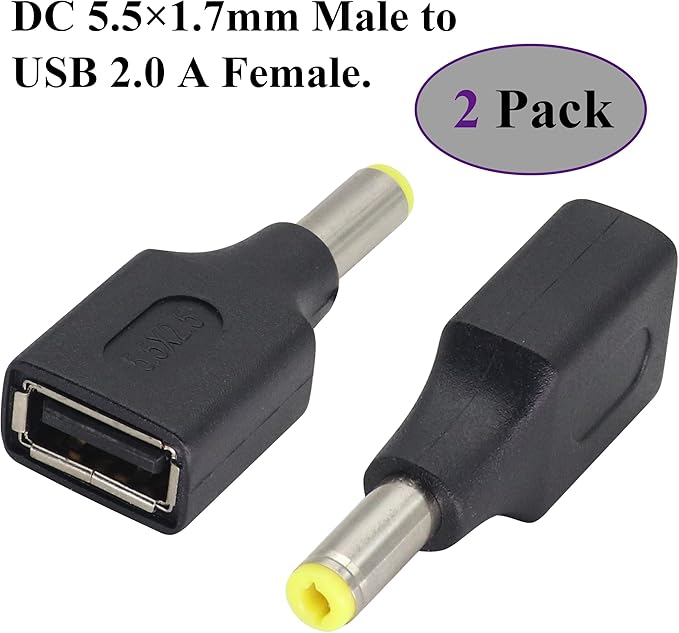 (2 Pack DC5.5 × 2.5 mm to USB Adapter Plug Power Converter USB 2.0 A Male to DC 5.5×2.5mm Male Barrel Socket DC Power Cable Connector for 5V DC or USB Charging Device(F/5.5×2.5)