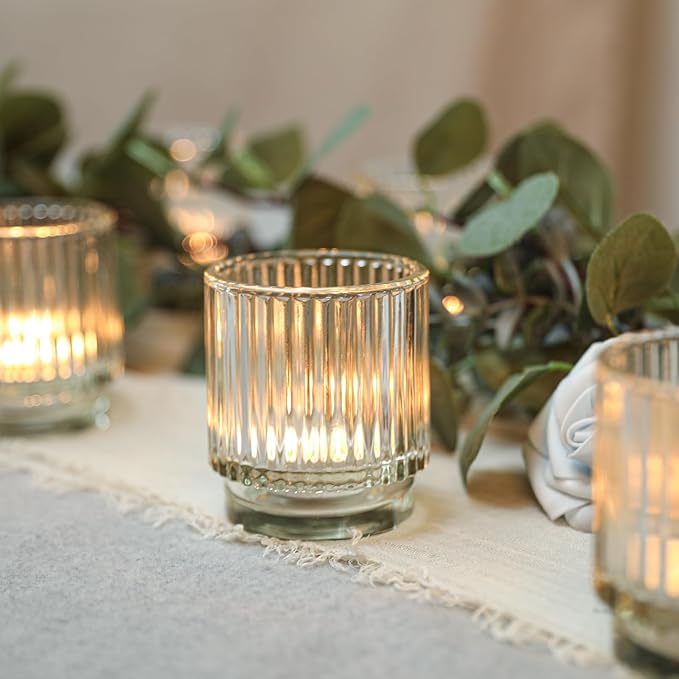 Vintage Ribbed Clear Glass Tealight & Votive Candle Holders (Set of 12), Wedding Bridal Shower Party Table Decor, Fall Decor, Boho Decor, Shelf Decoration