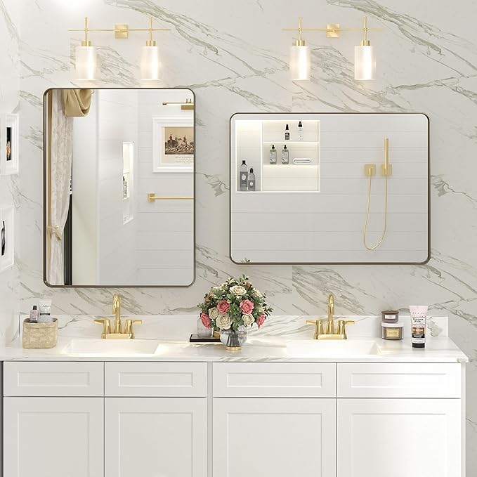 24x32 Bronze Bathroom Mirror, Rounded Rectangle Bronze Frame Mirror, Brushed Bronze Bathroom Vanity Mirror Wall-Mounted, Anti-Rust, Hangs Horizontally or Vertically