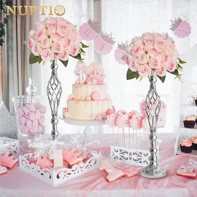 Set of 2 Versatile Silver Flower Arrangement Stand & Pillar Candle Holder Set for Wedding Party Dinner Centerpiece Event Restaurant Hotel Decoration (Silver Twist Style, 2 x L)