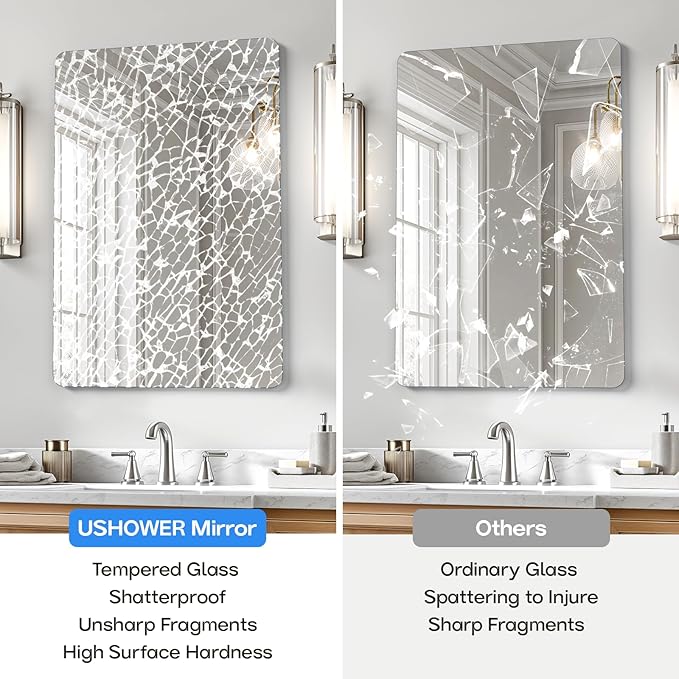 USHOWER Frameless Bathroom Mirror for Over Sink, 24x36 Inch Rectangle Wall Vanity Mirror for Bathroom, Bedroom, Entryway, Polished Edge, Tempered Glass