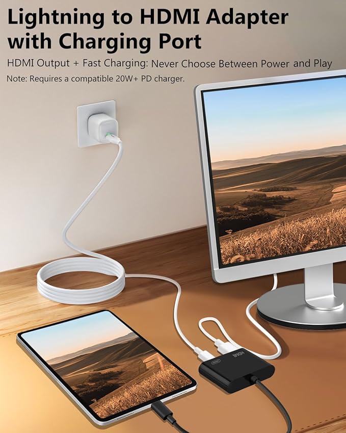 Lightning to HDMI Adapter for iPhone, [Apple MFi Certified] Digital AV Dongle,1080P Sync Screen Cable with Lightning Charging Port for iPhone, iPad to TV/Projector/Monitor No Need Power Supply