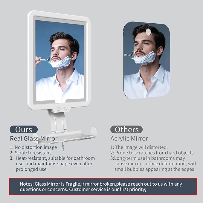 Lighted Shower Mirror Fogless for Shaving, Heated Fog Free Large 9.5*7inch 3 Color Modes Dimming Shower Shaving Mirror with Light, Rechargeable Anti-Fog Shower Mirror with Storage Tray & Razor Holders
