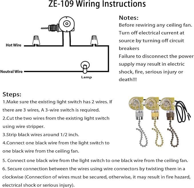 Ceiling Fan Light Switch Zing Ear ZE-109 Two-Wire With Pull Cords for Fans, Lamps and Wall Lights - Pull Chain Control Replacement On-Off, 2 Pcs Bronze