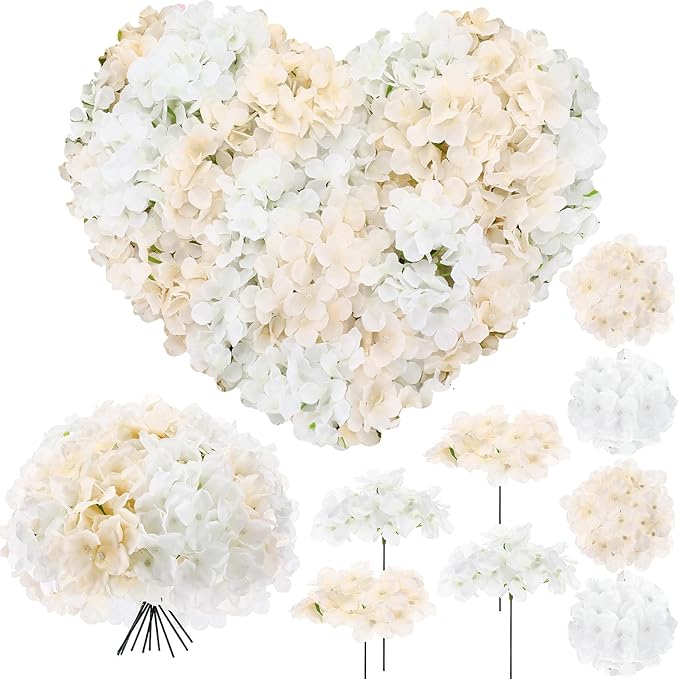 Zeyune 200 Pcs Hydrangea Artificial Flowers, Silk Flower Heads with Stems, Fake Hydrangea Bouquet for Wedding Arch Centerpiece DIY Floral Home Decoration (White and Champagne)