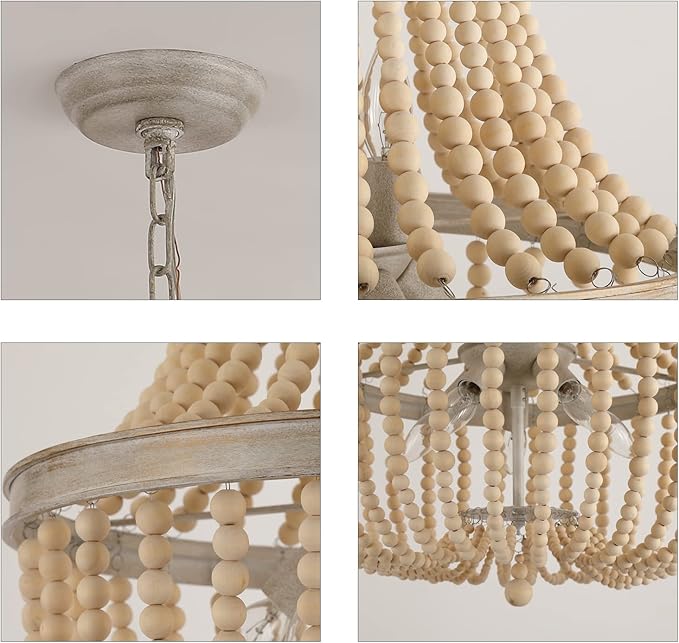Q&S Farmhouse Wood Beaded Chandelier,Oak White 8-Lights Retro Vintage Antique Rustic Boho Pendant Light Fixture for Foyer Living Room Bedroom Kitchen Dining Room Office Nursery UL Listed