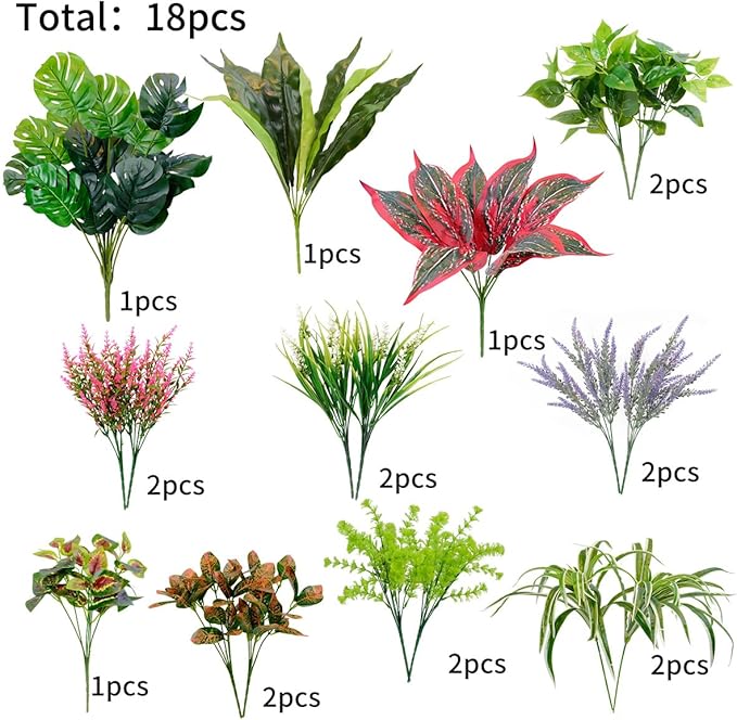 18PCS Outdoor Artificial Plants UV Resistant, Tropical Fake Flower Bushes, Mixed Faux Outdoor Greenery for Outside Planter Box, Porch, Balcony, Garden or Indoor Décor