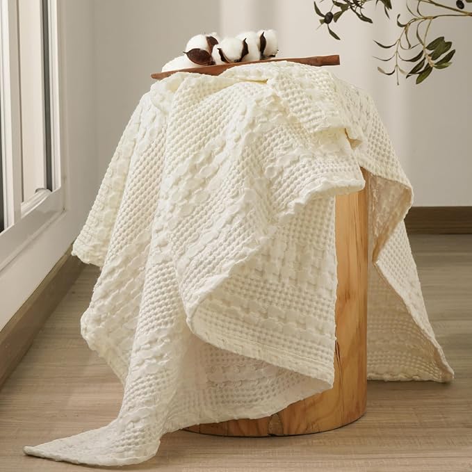 PHF 100% Cotton Waffle Weave Throw Blanket, Soft Lightweight Breathable Cozy Throws for Couch Bed Sofa, Luxury Aesthetic Woven Blanket for Home Decor & Office, 50"x60", Cannoli Cream