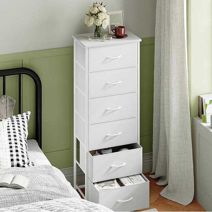 Somdot Tall Dresser for Bedroom with 6 Drawers, Storage Organizer Chest of Drawers with Removable Fabric Bins for Closet Bedside Living Room Laundry Entryway Hallway, White Leather