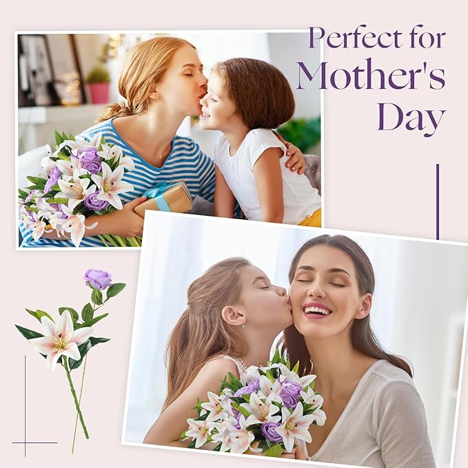 Hotop 20 Pcs Artificial Flowers Velvet Realistic Roses and Latex Lilies Flowers Bouquet Decorations Arrangements for Home Table Centerpieces Independence Day(Purple, White)