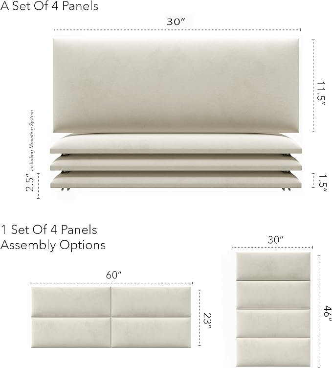 Vänt Upholstered Wall Panels - Queen/Full Size Wall Mounted Velvet Headboards - Velvet Ivory - Set of 4 Panels (Each Individual Panel 30"x11.5")