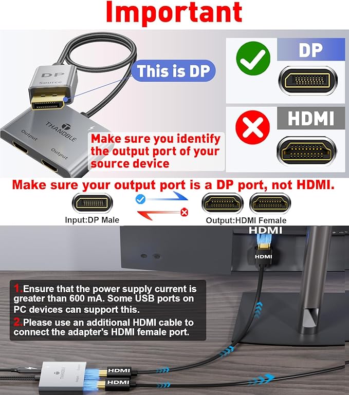DisplayPort to Dual HDMI Adapter (4K@60Hz) DP to HDMI Splitter for Dual Monitors Extended Display MST Display Port 1 in 2 Out Hub for PC, Graphics Card