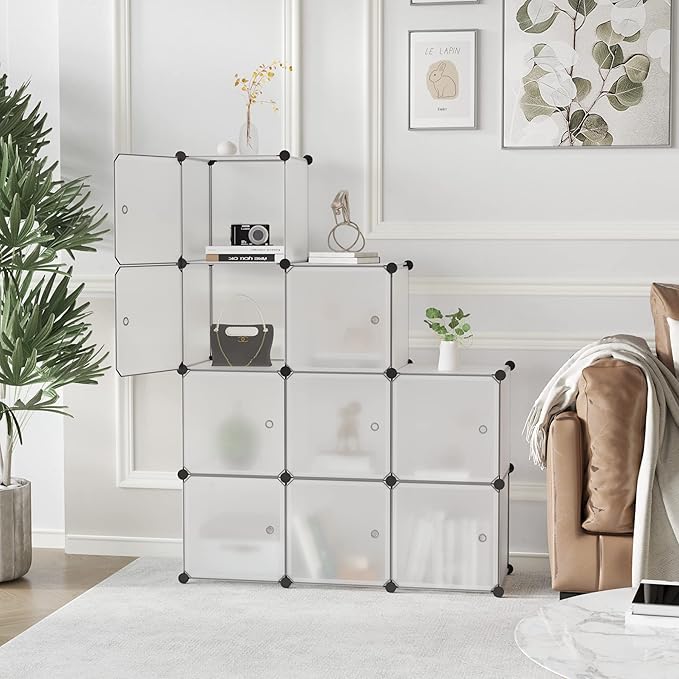 C&AHOME Cube Storage Organizer with Doors, 9-Cube Shelves, Closet Cabinet, DIY Plastic Modular Bookshelf Ideal for Bedroom, Living Room, 36.6”L x 12.4”W x 36.6”H White USBTM3009B-DOOR