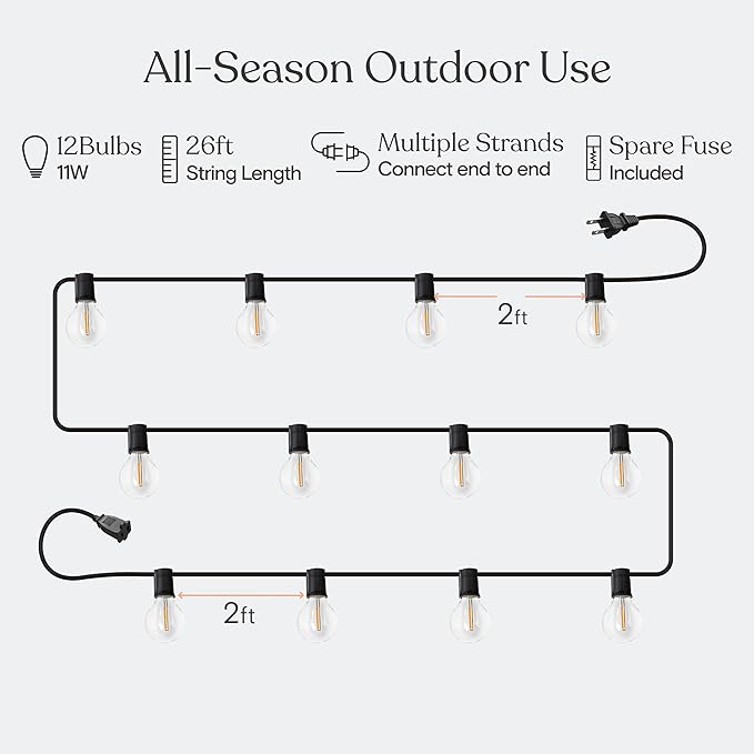 Brightech Ambience Pro LED String Lights - 26 Ft Patio Lights Outdoor Waterproof - Globe Porch String Lights for Outside, Christmas, Backyard - 12 Bulbs, 1W Vintage Edison, Warm White Black
