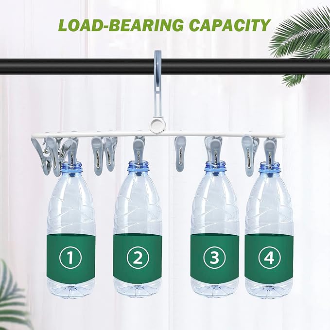 Clothes Drying Hanger with 12 Clips, 2 Pack Folding Portable Hanging Drying Rack,Drip Foldable Hanging Rack, 360° Rotatable Hook for Drying Towels Bras Baby Clothes Gloves Plastic(Blue&Purple)
