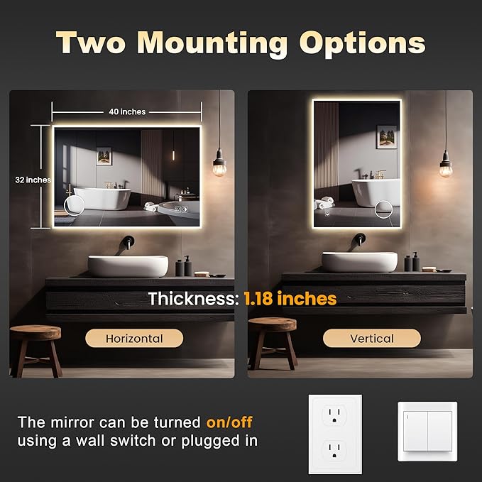 Led Mirror for Bathroom, 40x32 Inch Lighted Mirrors with 10X Magnification and Shaver Charging Port, Anti-Fog, Memory Function, 3 Color Temperature, Dimmable Led Backlit Mirror, Horizontal/Vertical