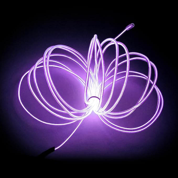 MaxLax EL Wire Purple, 16.4ft/5m Portable Battery Pack Neon Light Strip 360° Cuttable Glowing Rope Lights for Parties, Halloween, DIY Decoration