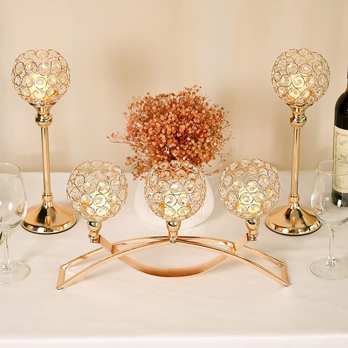 Gold Crystal Candle Holders Decorative Candelabra 3 Arms Candlesticks Holder Table Centerpiece Center Pieces Decoration for Dining Table Home Decor, Wedding, Party, Anniversary