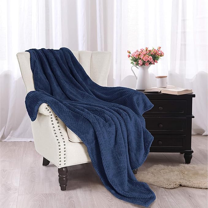 Exclusivo Mezcla Fleece Throw Blanket Extra Large, Super Soft and Warm Blankets for Couch, Sofa and Bed Waffle Textured, Cozy, Fuzzy and Lightweight (Navy Blue, 50x70 Inches)