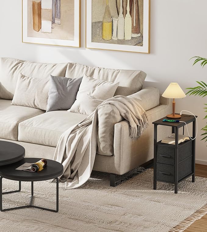 2 Set Narrow Side Table for Small Spaces, Skinny End Table with Charging Station, Sofa Beside Table with 2 Fabric Drawers and 1 Open Compartment, Slim Nightstand with USB Ports Outlet, Black UTBT004B