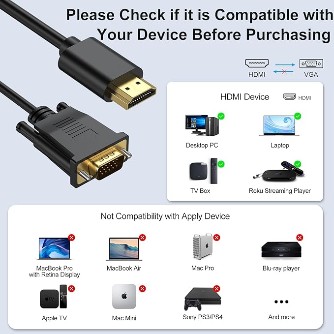 HDMI to VGA Cable 3 Feet 10-Pack, HDMI to VGA (Male to Male) 1080P HD Video Cord Compatible for Computer, Desktop, Laptop, PC, Monitor, Projector, HDTV and More (NOT Bidirectional)