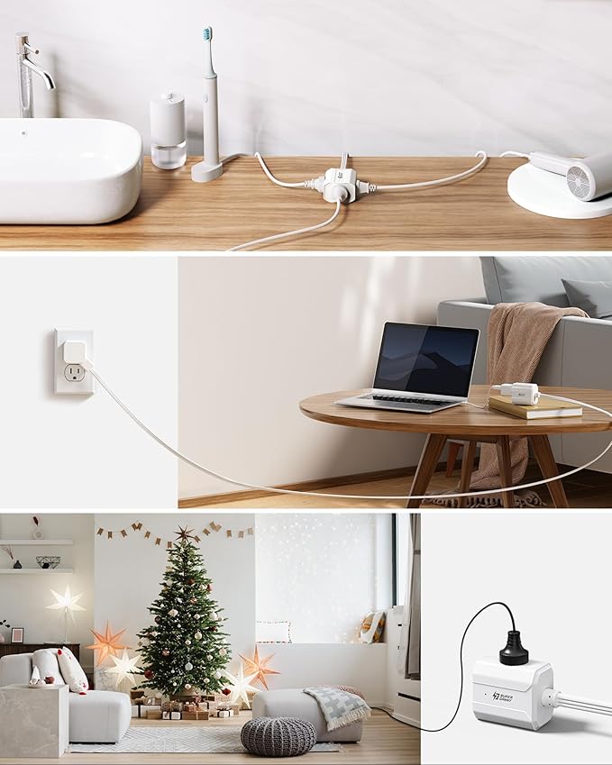 Short Extension Cord 1.5ft SUPERDANNY Right Angled Flat Plug Power Strip, 13A Indoor Extension Cord with 3 Outlets, Small for Office Home Appliances,Non Surge Protector for Cruise,White