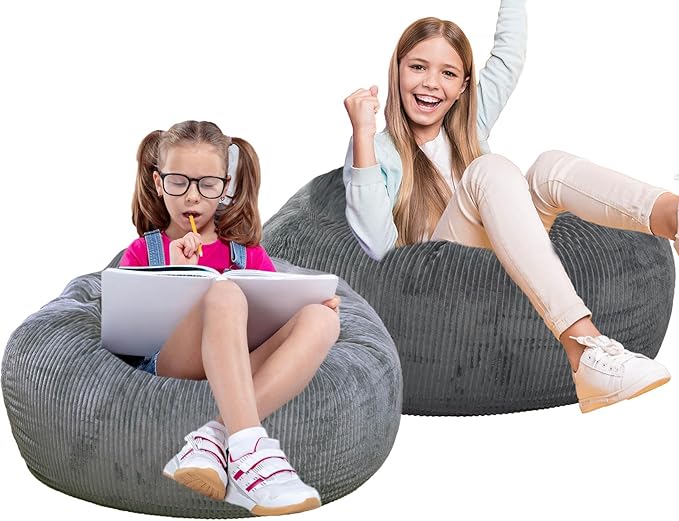 2 Pcs Classic Bean Bag Chair, with Faux Rabbit Fur Cover for Teens and Kids, Memory Foam Bean Bag Chairs, Ultra Soft Faux Fur Fabric, 2.5 feet Round Fluffy Bean Bag Sofa