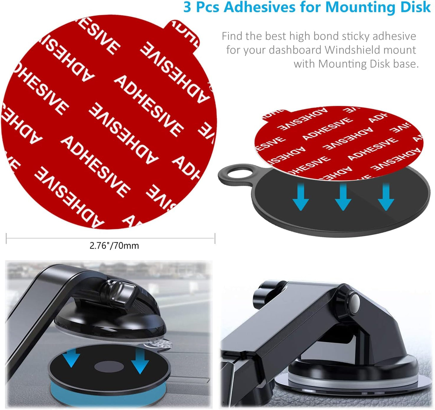 PKYAA 3pcs Dashboard Pad Mounting Disk Replacement Kit, 2.76" Circle Heat Resistant Double-Sided Stickers