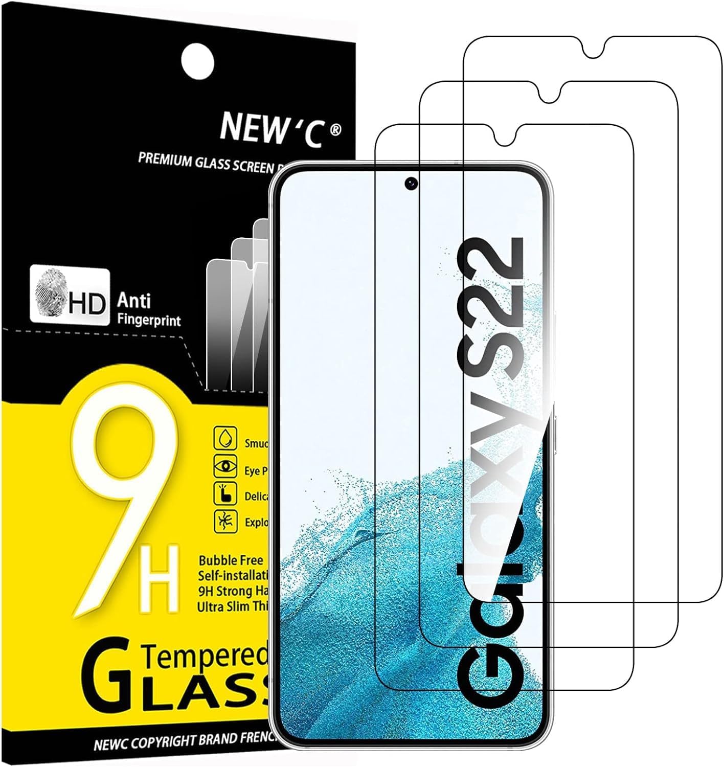 NEW'C [3 Pack] Tempered Glass Screen Protector for Samsung Galaxy S22 5G, Case Friendly, Anti Scratch, Bubble Free