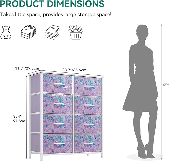 YITAHOME Purple Fabric Dresser Drawer, Tall Storage with 8 Drawers, Dresser & Chest of Drawers, Storage Drawer Organizer for Closet, Living Room, Closets