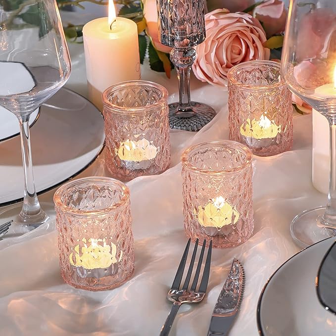 12pcs Pink Votive Candle Holders, Tealight Candle Holder for Valentine's Day, Baby Shower Decorations for Girl, Glass Candle Holder for Wedding Centerpieces, Bridal Shower, Party Decorations