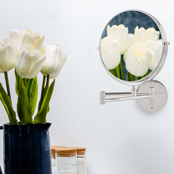 OVENTE 9" Wall Mounted Makeup Mirror with 1X/10X Magnification, Double Sided Magnifying Round Bathroom Vanity Mirror, 360° Swivel Design, Extendable and Folding Arm, Polished Chrome MNLFW90CH1X10X