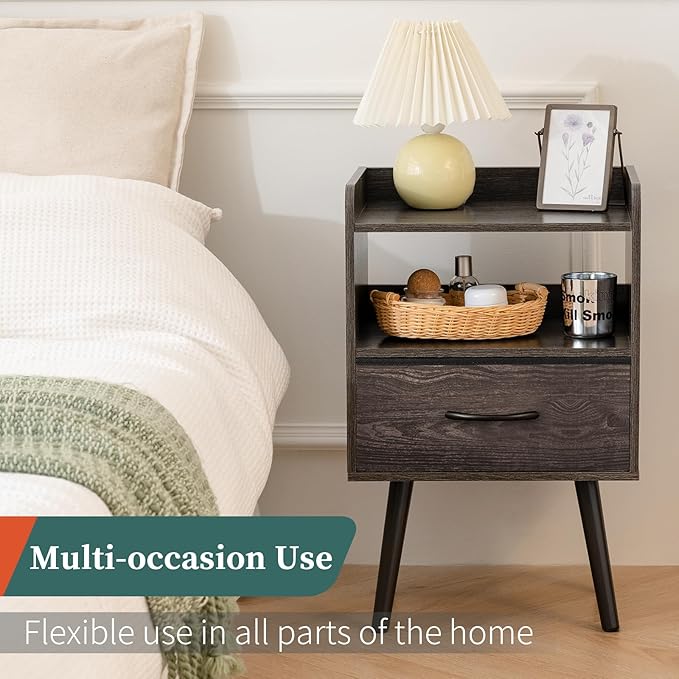 Yoobure Night Stand with Fabric Drawer, Modern Nightstand, Bedside Tables, Mid Century Nightstands with Open Storage Shelf, Wood Bedside Table, Small Night Stands for Bedrooms, 2-Tier Night Table