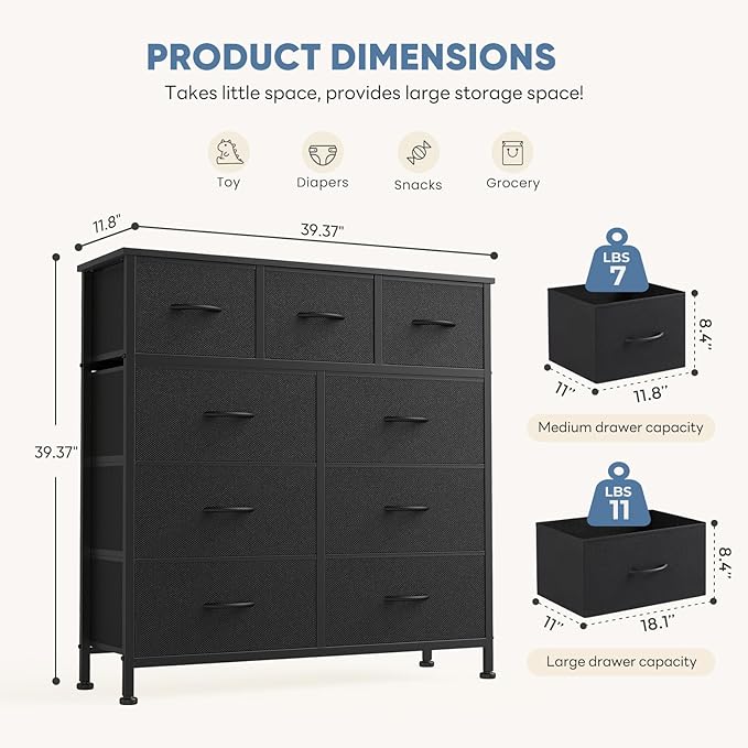 DUMOS 9 Drawer Dresser for Bedroom, Fabric Storage Organizer with Sturdy Metal Frame, Wooden Top Chest of Drawers for Closet Nursery Entryway Guest Room,Matte Black